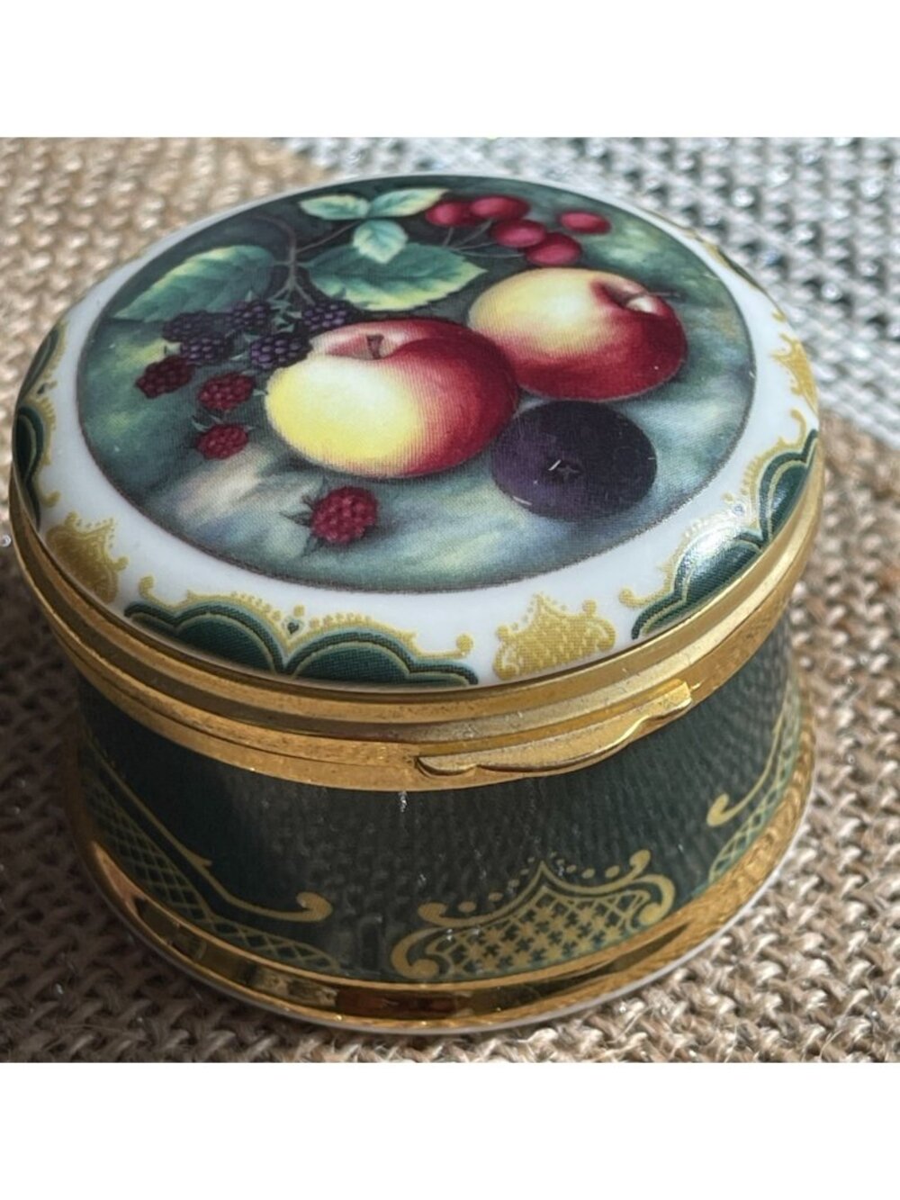 Vintage Bone China Trinket Box W/ Fruit Motif & Gold Trim Falcon China Staffords
